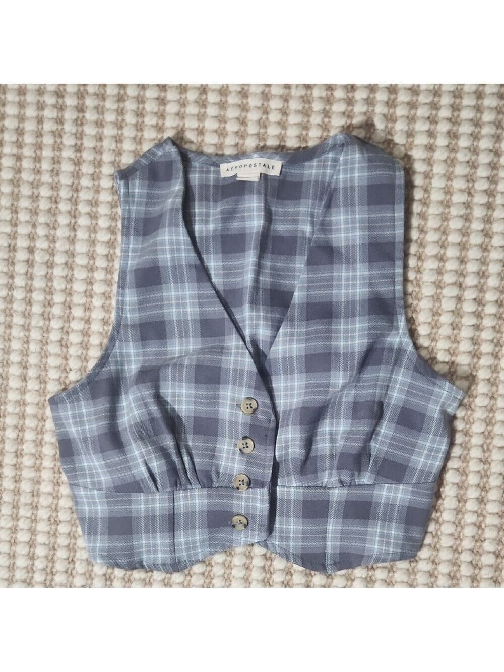 Aeropostale Blue Plaid Cropped Fitted Casual Preppy Xs Button-Up Vest